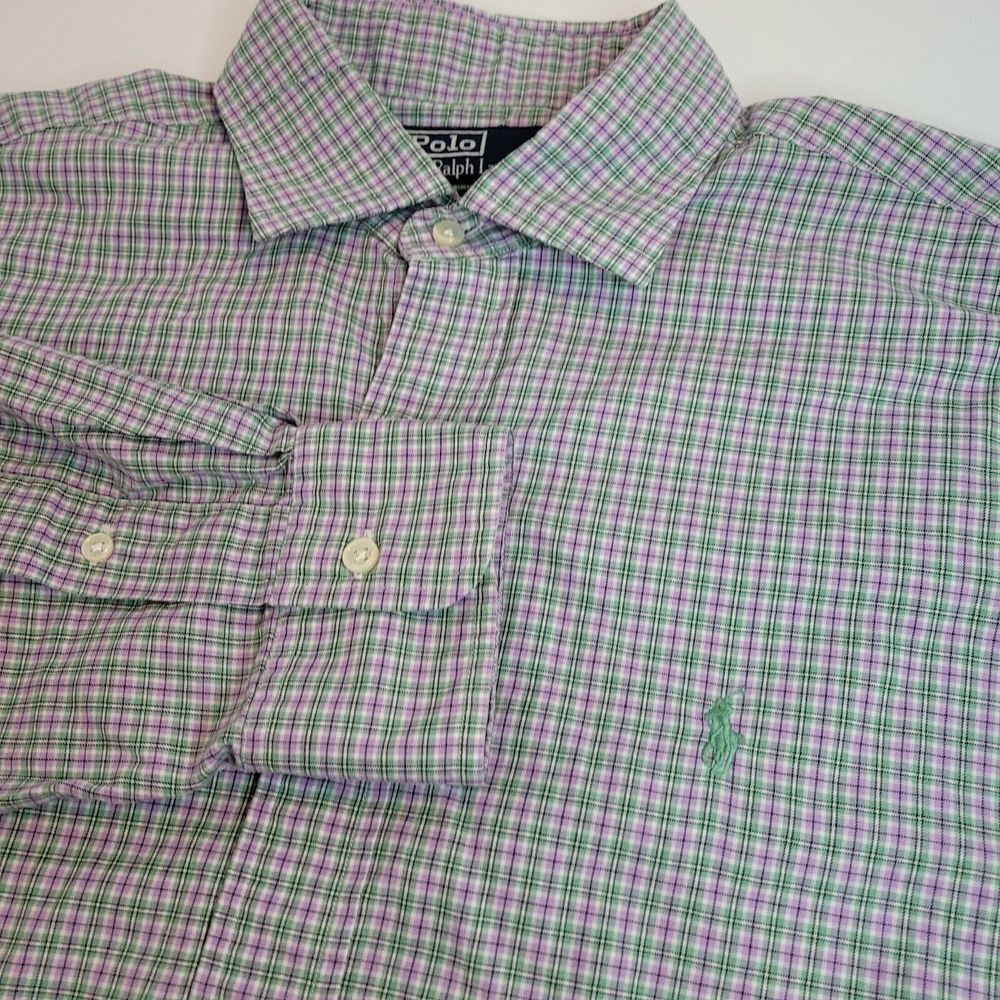 Polo Ralph Lauren Button Down Shirt Mens L Purple Green Regent Classic Fit Plaid